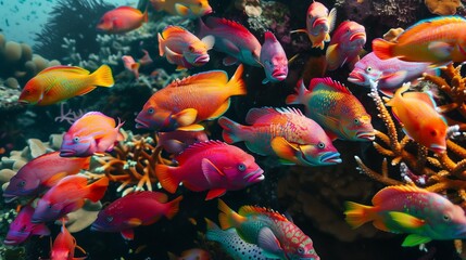 fish swim among coral reefs on the sea floor of an aquarium