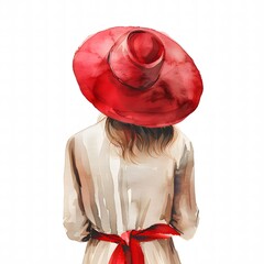 Poster - Stylish Woman in Red Hat and Beige Outfit: Simple Fashion Illustration