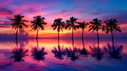 Poster - A panoramic view of palm trees silhouetted against a stunning sunset sky on a tropical beach with their reflections mirrored in the calm water