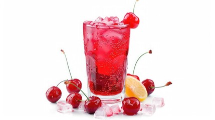 Wall Mural - Glass of tasty cherry lemonade on white background, Tall glass filled with ice, fresh lemons, and juicy cherries, Perfect for hot summer day or refreshing drink at picnic