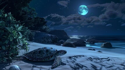 Wall Mural - A secluded beach where sea turtles come ashore under the moonlight to lay their eggs. 