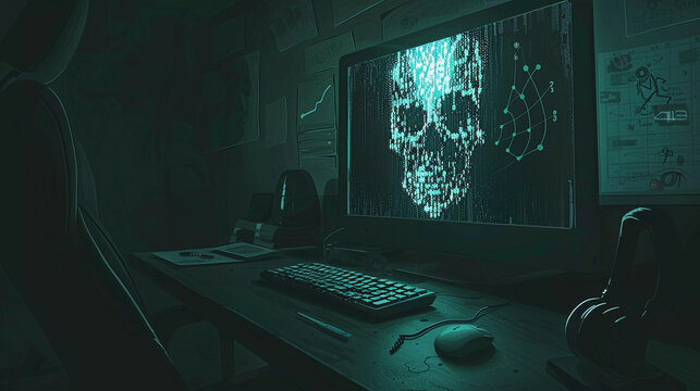 System hacked concept or virus attack on computer, skull appears on desktop screen