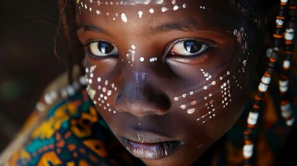 Intimate scene of a young Fulani girl with traditional face markings, participating in an ancient cultural ritual, embodying pride and continuity.