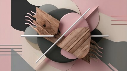 Wall Mural - Modern abstract background, wooden textures, geometric shapes in pink, black, gray and beige colors.	