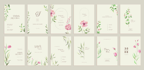 Wall Mural - set of floral invitation save the date card with watercolor branch and flowers. luxury vintage botan