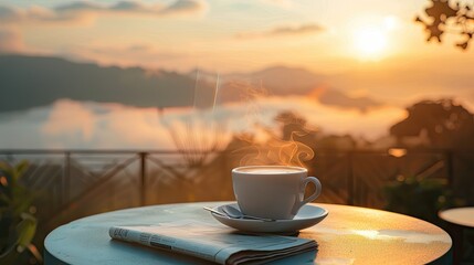 A steaming espresso on a small table with a morning newspaper and a view of a sunrise.