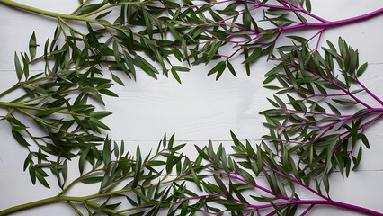 Creative decorated and arranged flat lay pattern with green and purple branches on white background top view