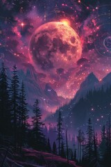 Wall Mural - magic night with moon and stars.