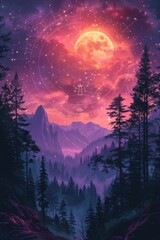 Wall Mural - magic night with moon and stars.