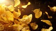 © Matcha_09 - Golden potato chips floating above a dark background, illuminated dramatically.