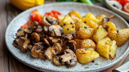 Wall Mural - fried potatoes with mushrooms, vegetables on a plate. Generative Ai