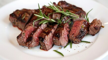Wall Mural - Juicy steak pieces with a crispy outer layer, sliced to show the rare center, garnished with rosemary.