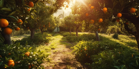 Orange grove with orange fruits on the trees. Orange Garden. Orchard in sunny day. Fruit farm