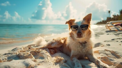 Wall Mural - cool dog wearing sunglasses lounging on sandy beach by ocean.