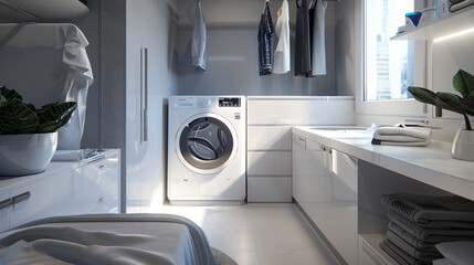 A high-tech laundry room with a robotic folding and ironing system. 