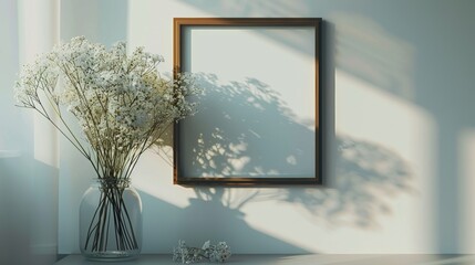 Wall Mural - Old simple square picture frame on a white wall with a vase of white flowers