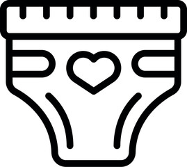 Poster - Black line icon of a baby diaper featuring a cute heart symbol, isolated on white background