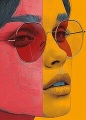 Canvas Print - a painting of a woman wearing pink sunglasses. Her face is turned to the side and her lips are slightly parted. The background is a bright blue.