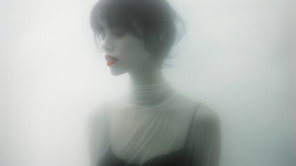 Canvas Print - a woman seen through a frosted glass window. Her eyes are not visible, but her lips are bright red.