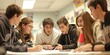 © Armin - A group of teenagers sitting inside a classroom, engaged in a collaborative study session, deeply focused on their discussions, depicting teamwork and education.