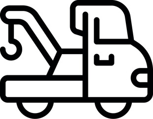 Wall Mural - Black and white flatbed tow truck icon in simple line art vector illustration for towing service and roadside assistance industry