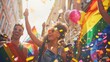 © Dni497 Studio - Joyful people celebrating at a vibrant pride parade with rainbow flags, confetti, and balloons under a sunny sky.