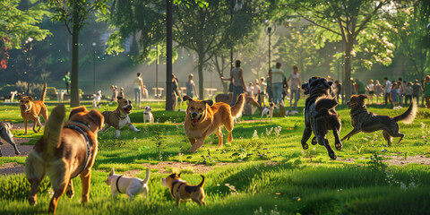 Wall Mural - A dog park area in the park, with dogs playing fetch, running around, and interacting with other dog