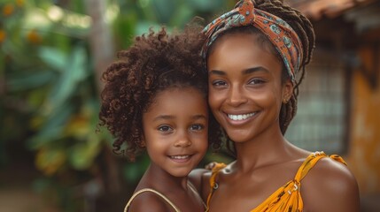 African mother and young daughter smiling together in tropical outdoor setting