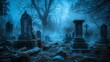© Jafree - Eerie foggy graveyard with old tombstones at night. Concept of spooky cemetery, dark atmosphere, haunted location, gothic scenery, Halloween