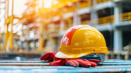 Yellow hard hat and red gloves placed on steel at an industrial construction site