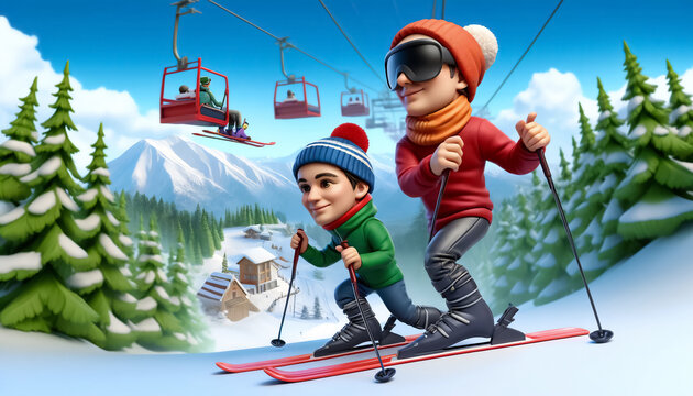 3D caricature: Two skiers on a snowy slope in a 3D caricature style, one standing upright with ski poles, the other in a dramatic, crouching pose.