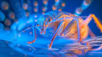 Close-up of a glowing ant with a high-tech digital background, showcasing the intersection of nature and technology. Concept of biomimicry, science, and innovation.
