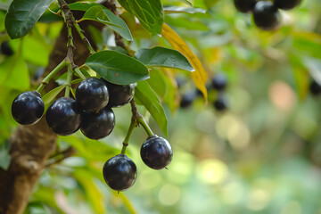 Branch of black elderberry with fruits and leaves on the tree.