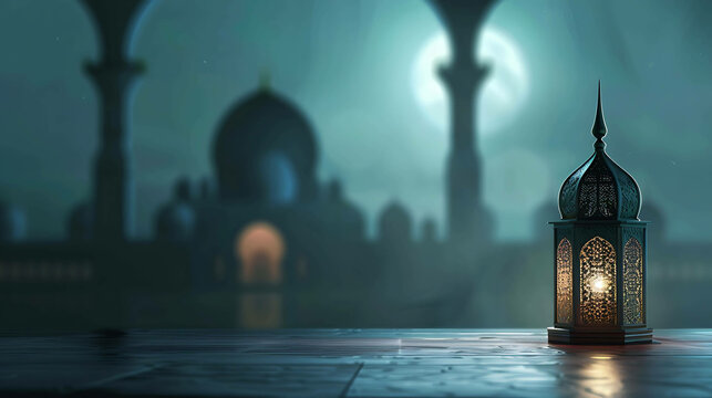 the beautiful glow of a lantern illuminates the foreground of a grand mosque.