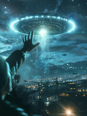 a woman is reaching to the sky, trying to stop aliens