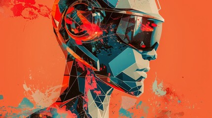 Wall Mural - Abstract digital illustration of a futuristic cyborg wearing a helmet with geometric patterns, set against a vibrant orange background. Concept of technology, sci-fi, and digital art.
