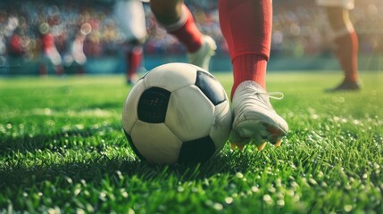 Wall Mural - A football player's legs kick the ball on the green grass