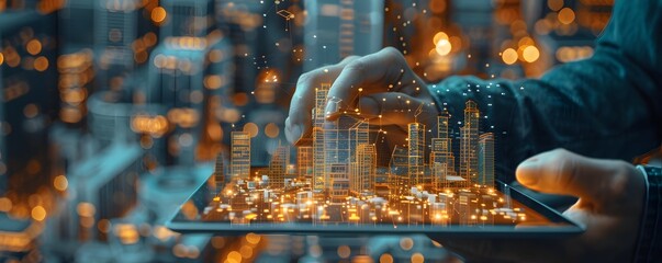 Poster - Architect Visualizing Building Renovations in Augmented Reality on Tablet Futuristic City Skyline in Background