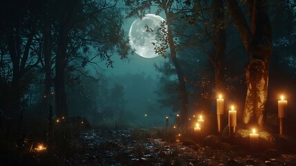 Wall Mural - deep forest scene with candles and symbolic moon amulet casting ethereal light.