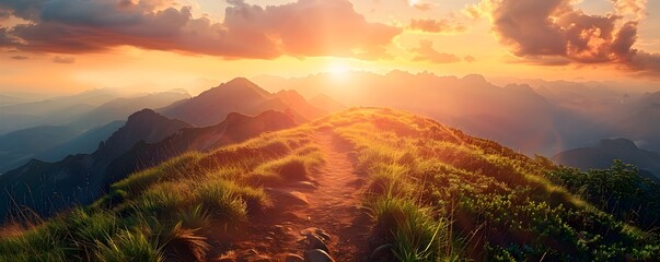 Poster - Scenic Mountain Trail at Breathtaking Sunset Inviting to Explore and Experience Serenity of Outdoor Adventure