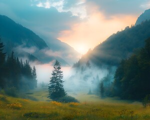 Wall Mural - misty mountain valley at dawn or dusk peaceful landscape of natural splendor and tranquility