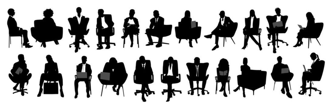 Silhouettes of business people sitting, men and women sit on armchair, office chair with laptop, tablet, front, side view. Vector illustration black on transparent background. Icons set, bundle.