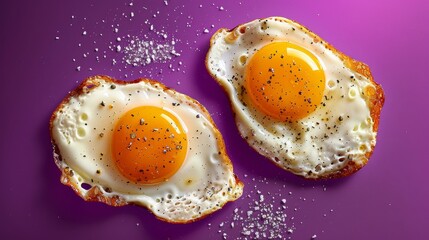 Two fried eggs with pepper and salt on a purple background