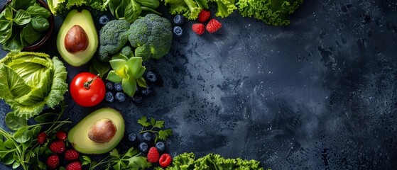 Fresh vegetables and fruits including avocados, tomatoes, berries, and greens on a dark slate background creating a healthy food concept.