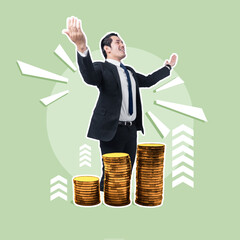 Poster - Portrait of an Asian businessman standing with a raised arm and a stack of golden coins