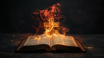 Wall Mural - open Holy Bible with fire flame shaped in christian cross with smoke, on black wooden table background for overlay