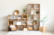 © Pixel-Shot - Blurred view of wooden bookshelf with artificial plants in light room