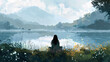 © wasan - Peaceful landscape illustration of a woman contemplating near a lake, symbolizing harmony with nature and inner peace