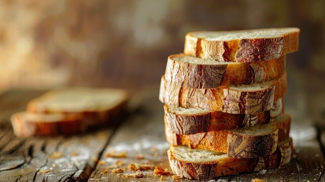 A stack of perfectly sliced sourdough bread on a rustic wooden table, emphasizing the crunchy crust and airy interior