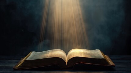 Wall Mural - open Holy Bible with Gods sun rays on top, on black background for overlay